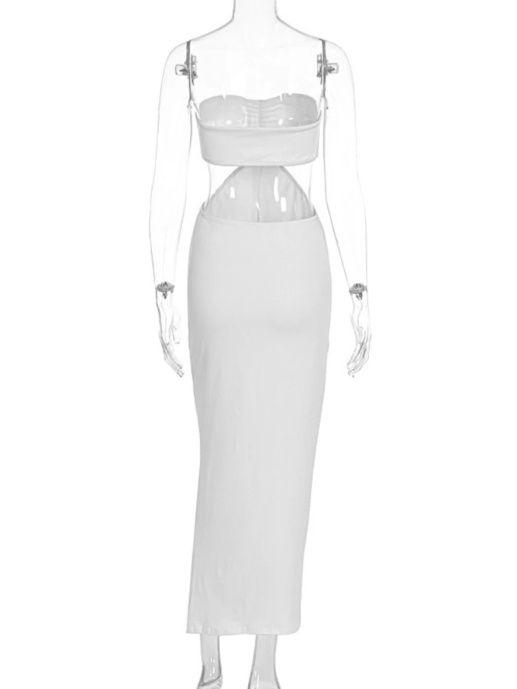 SsTss レディース ホワイト ストラップレスドレス セクシー カットアウト バックレス ノースリーブ スリム スリット パーティー マキシドレス 2025 夏 ファッション ビーチドレス