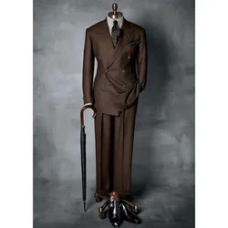 Brown Double Breasted Men Suit Gentlemen Peak Lapel Business Smart Casual 2 Piece Jacket Pants Male Clothing High Quality Blazer