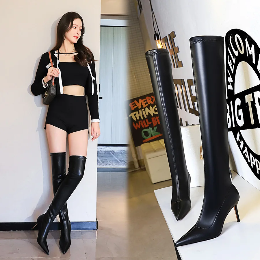 Fashionable Women Sexy Nightclub Slim And Simple Long Boots With Thin High Heels Shoes Sharp Pointed Leg Repair Knee Over Length