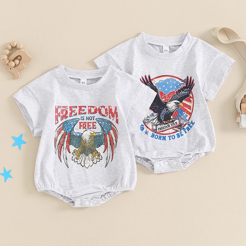 

2024-03-19 Lioraitiin 0-18M Newborn Baby Boys 4th of July Romper Letter Eagle Print Round Neck Short Sleeve Jumpsuit