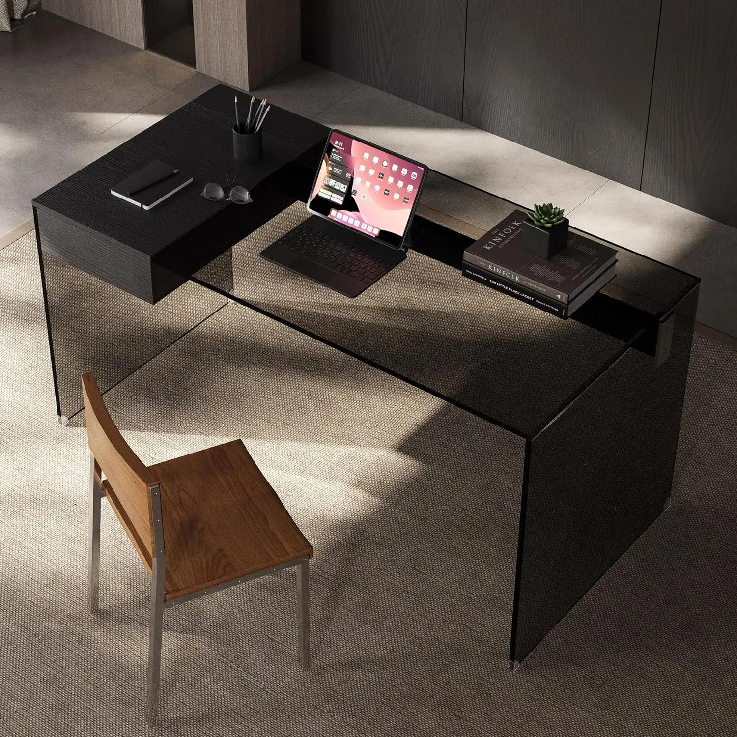 

Tempered Glass L-Shaped Desk – Modern Computer Table with Wooden Drawer and Storage for Study, Workstation, or Home Office