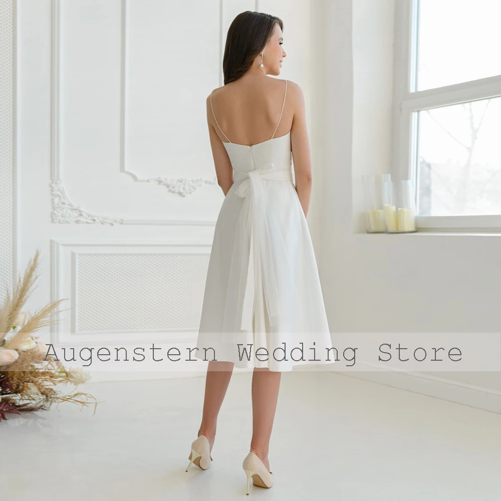 Short Wedding Dress with Jacket Pearls Puff Sleeves A Line Midi Bridal Gowns for Women 2024 Sash Tea Length Spaghetti Straps