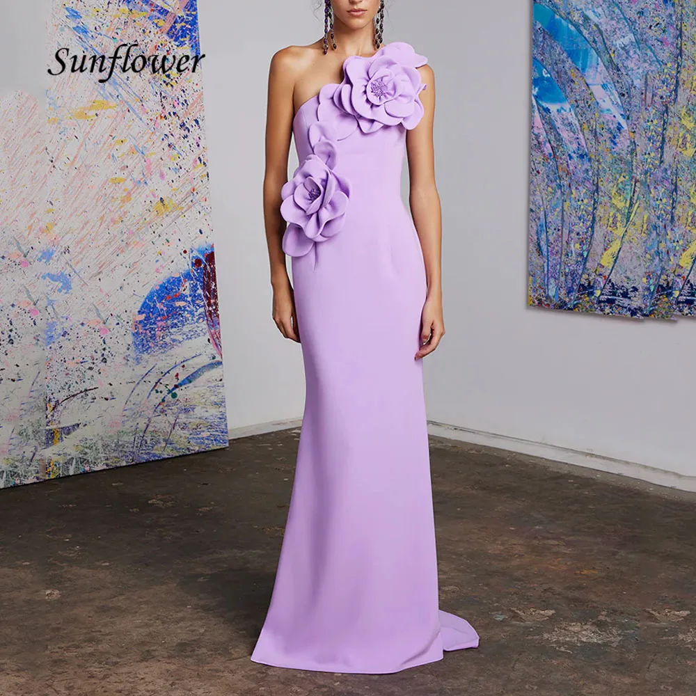 

Sunflower Light Purple Crepe Mermaid Formal Evening Dress One-Shoulder 3D Flowers Backless Floor-Length Prom Dress فساتين السهرة