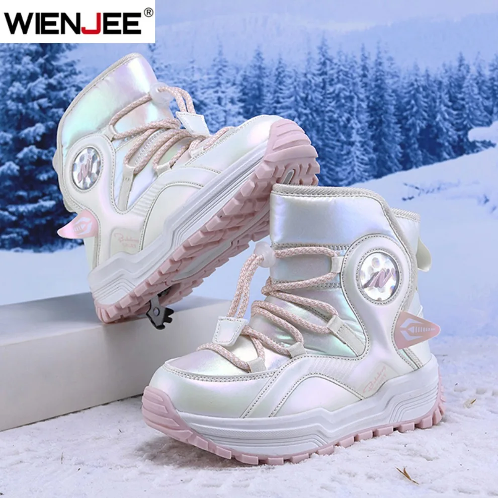 Fashion Winter Children Shoes Plush Waterproof Fabric Non-Slip Girl Snow Boots Warm Outdoor Kids Boys Cotton Walking Sneakers