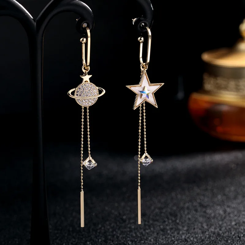 

New Trend Star Earth Long Tassel Dangle Earrings For Women Planet Crystal Statement Pendant Earrings Wedding Party Jewelry