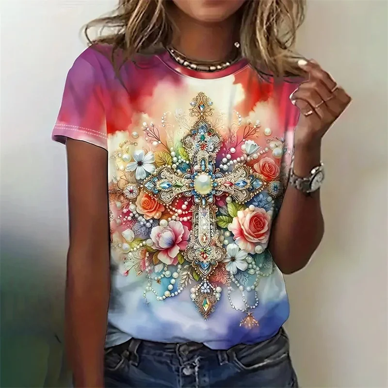 Love Heart Floral Pattern T-Shirt Dla Kobiet Butterfly Cross 3D Printed Short Sleeves Summer Leisure Tee Round Neck Tops T-Shirts