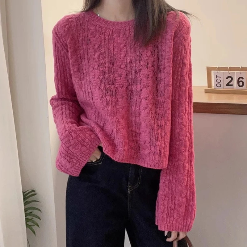 Women Pullover Soft Cable Knit Jumper Crop Plain Sweater with Long Sleeve Crew Neck Box-fit Teen-girl Fall Winter Basic Outfit