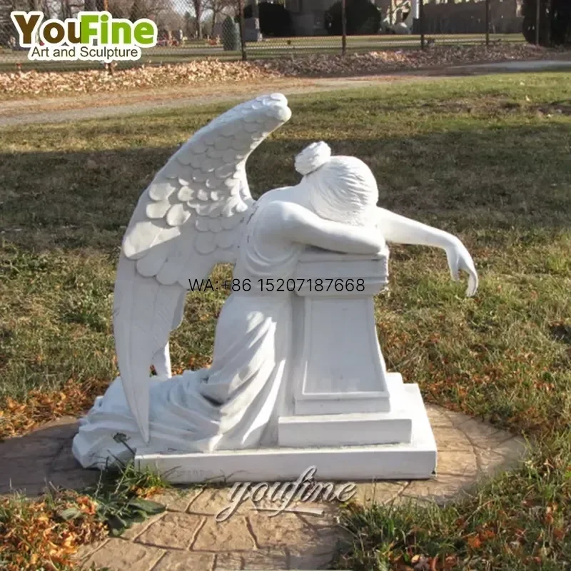 Wmwmnu for YouFine Natural White Marble Kneeling Weeping Angel Statue Life Size Cemetery Memorial Sculpture Garden Tombstone