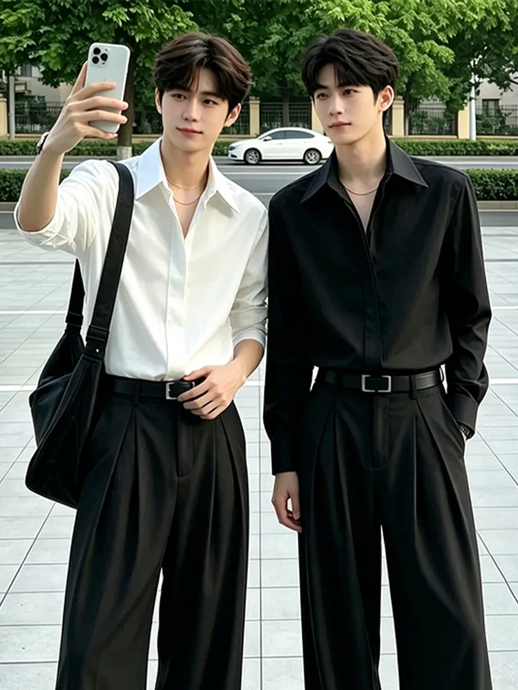 British Style Slim Fit Long Sleeve Shirt Cool Sensation Men's High End Drape Anti Wrinkle Inner Wear Casual Outerwear
