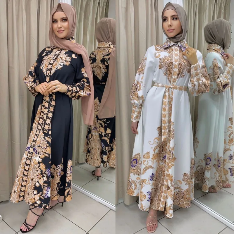 

Arabic-print Swing Dresses Dubai Abayas for Women Vintage National Style Jalabiya Turn Down Collar Muslim Dress Islam Clothing