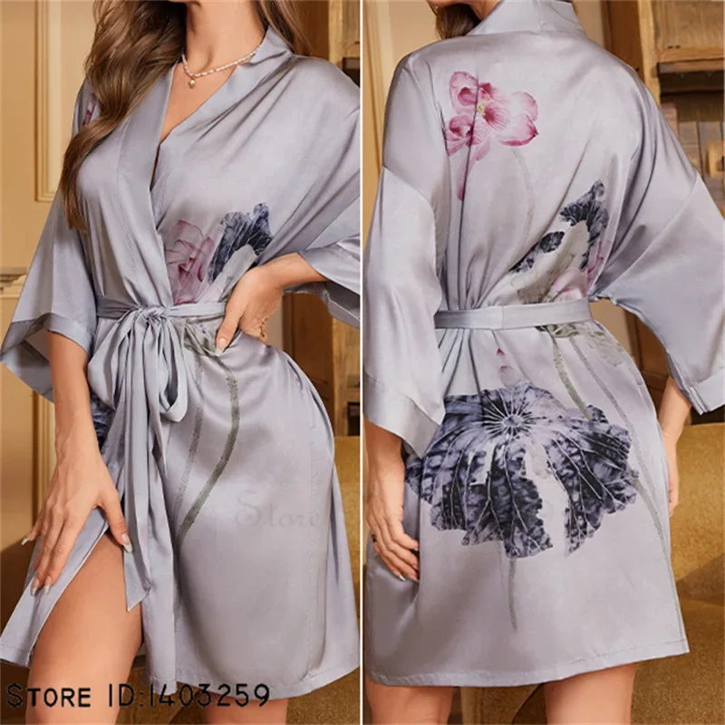 Chinese Style Female Robe Kimono Bathrobe Plus Size Ice Silk Sleepwear Nightgown Loose Casual Print Flower Homewear Loungewear