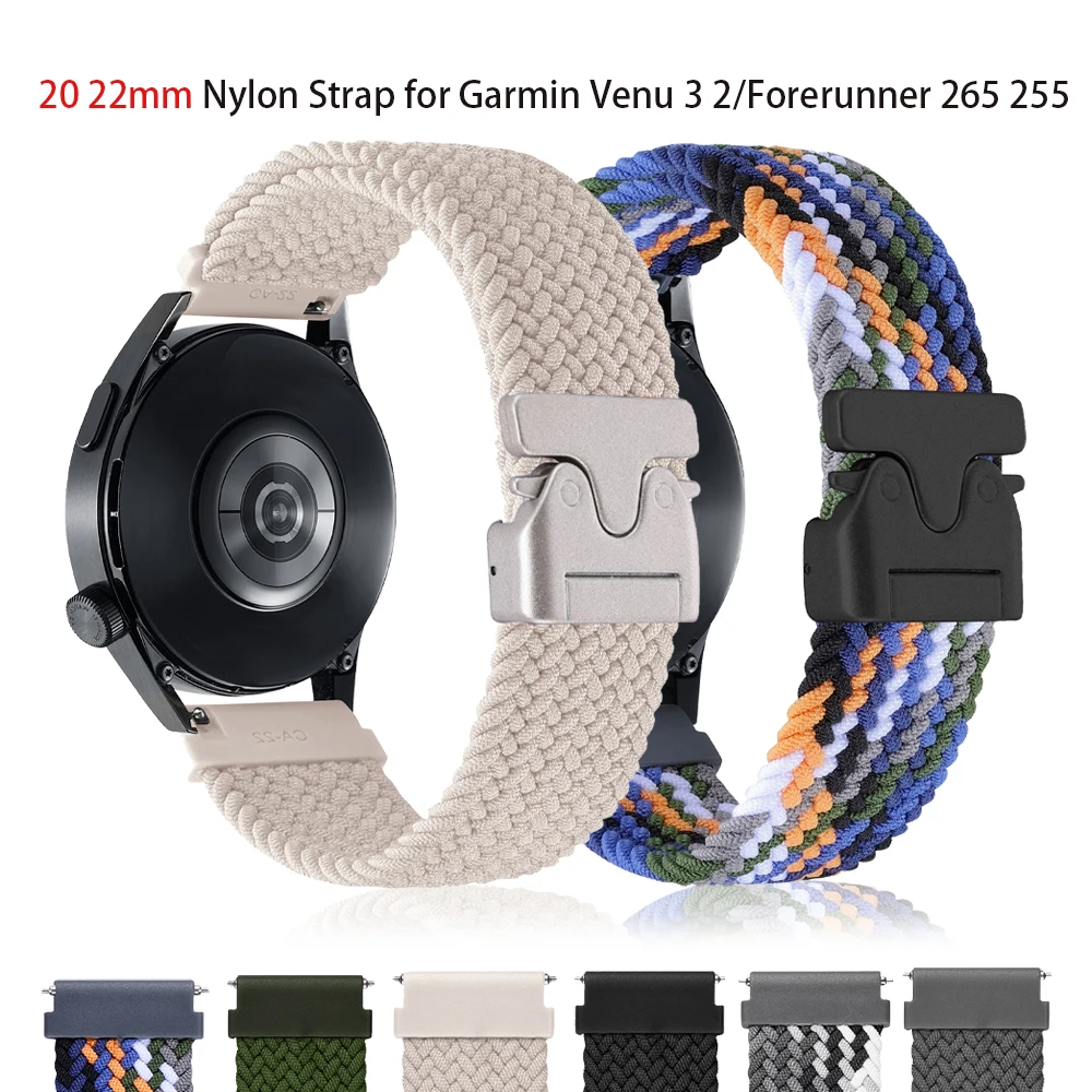 20mm 22mm Nylon Strap For  Garmin Forerunner 265/255/245/645 Watch Band Venu 3 2 Plus Sq/Vivoactive 5 4 Wristband Bracelet Belt