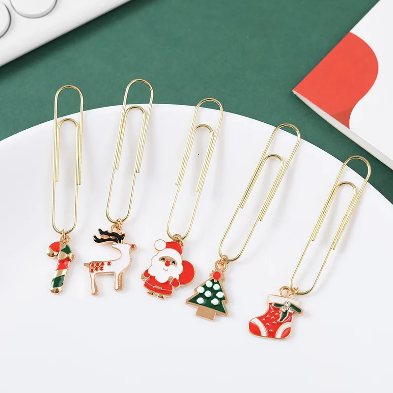

Creative Golden Paper Clip Santa Claus Bookmark Elk Bell Alloy Paperclip Cartoon Christmas Tree Set Kawaii Student Stationery