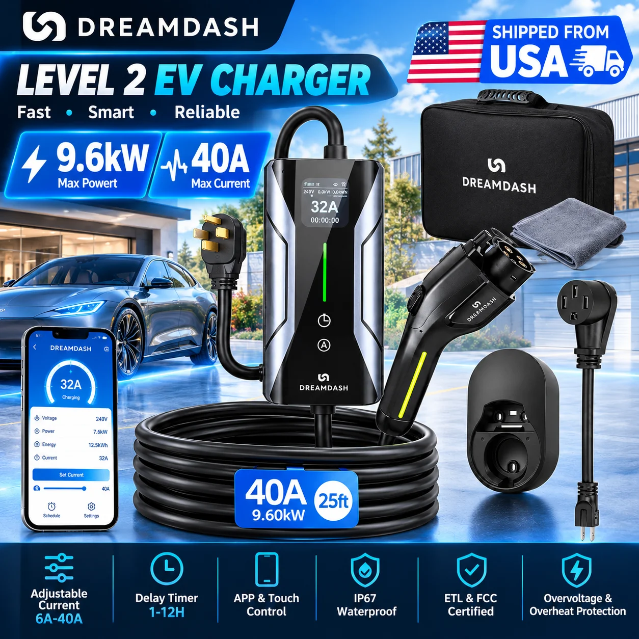 Dreamdash 40A 9.6kW Level 2 EV Charger With APP 240V NEMA 14-50P SAE J1772 25FT Cable Adjustable Current 6A-40A Delay Timer IP67 Portable Charging Station with NEMA 5-15 Adapter for Home Indoor Outdoor