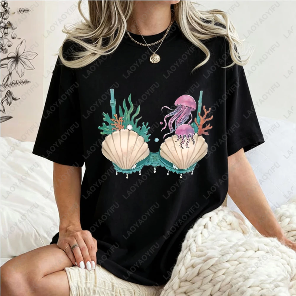 

Mermaid Sea Creature T-Shirt Watercolor Seashell Jellyfish Graphic Tee Breathable Cotton Crewneck Short Sleeve Ocean Lover Top