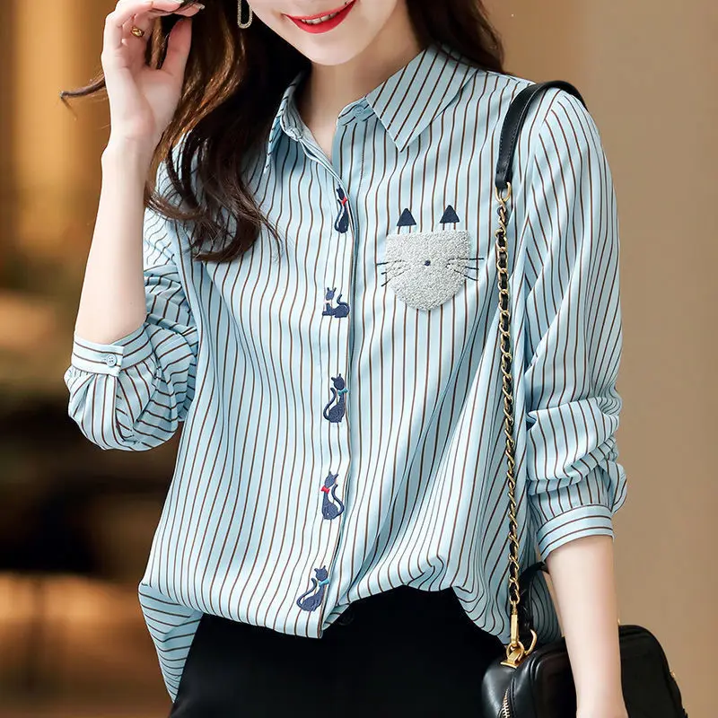 Fashion Printed Lapel Loose Embroidery Striped Shirt Women\'s Clothing 2022 Autumn New Casual Tops All-match Office Lady Blouse