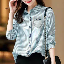 Fashion Printed Lapel Loose Embroidery Striped Shirt Women's Clothing 2022 Autumn New Casual Tops All-match Office Lady Blouse