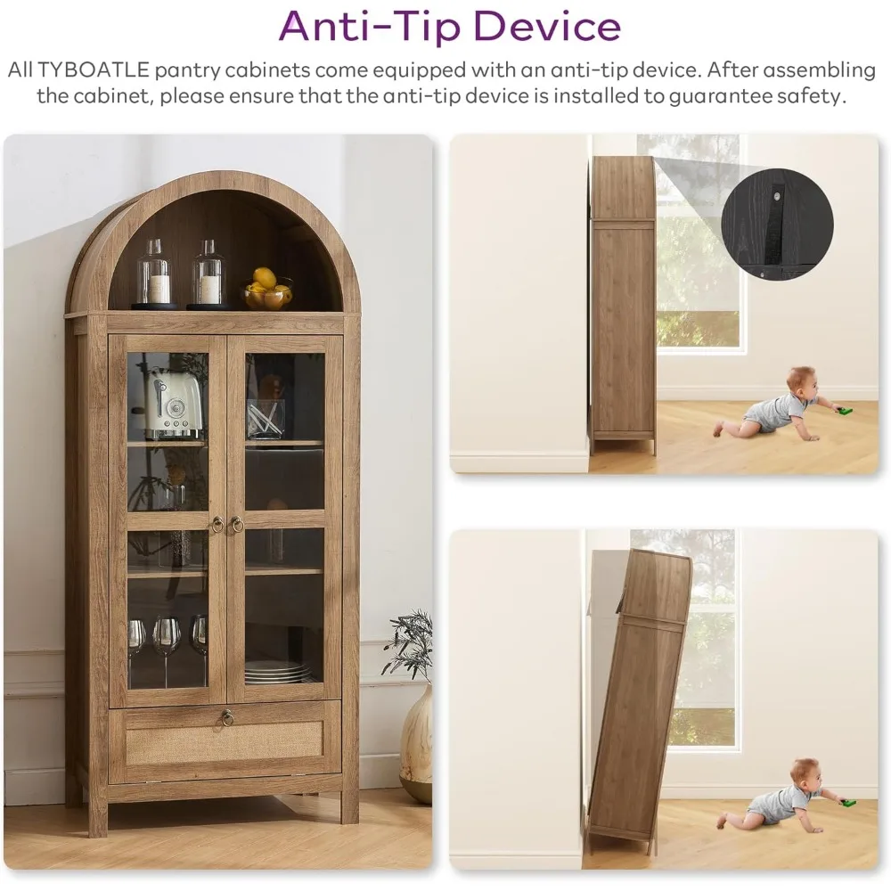 TYBOATLE 71 خزانة مخزن مقوسة طويلة مع درج مبتكر، خزانة مطبخ مع جهاز مضاد للرطوبة وباب زجاجي، متعددة الاستخدامات
