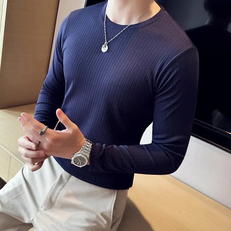 Men\'s Spring Casual Long Sleeve T-shirts/Male Fashion Slim Fit Round Neck Striped T-shirt Man Tees Plus size 4XL-M