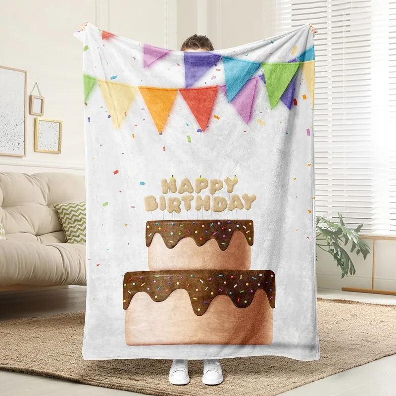 

Happy Birthday Double Cake Flannel Blanket Soft Plush Cozy Sofa Bed Decor Gift for Party