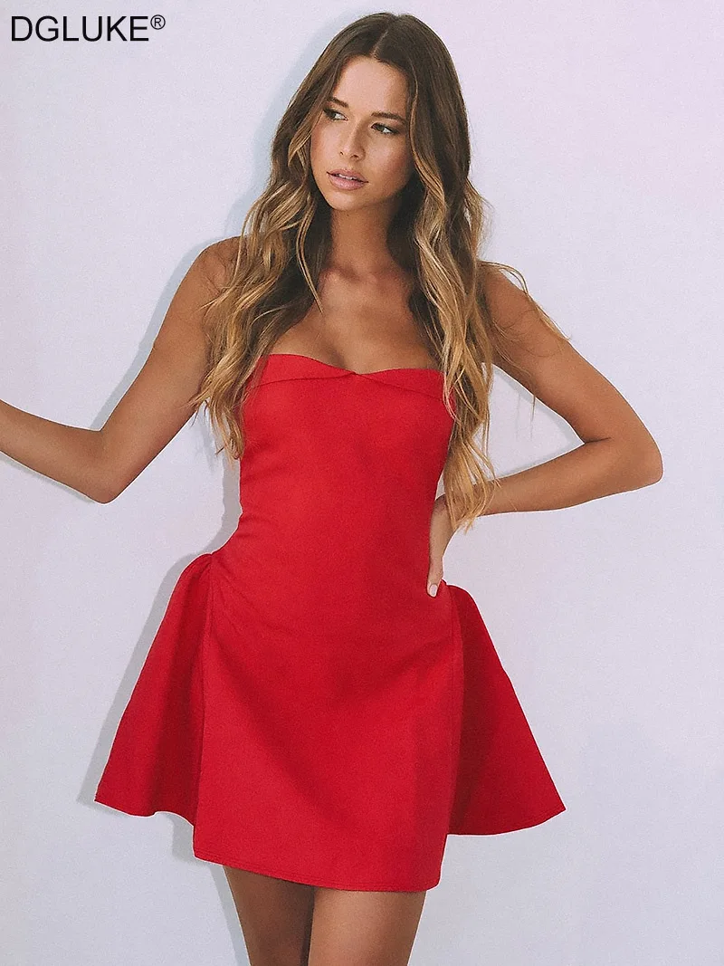 

DGLUKE Sweetheart Neckline Corset Mini Dress Drop Waist Pleated A-Line Mini Dress Sexy Red Strapless Birthday Dress Women 2025