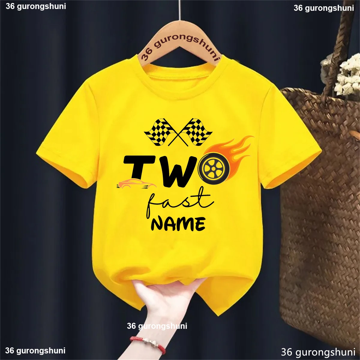 

Custom Name Two Fast Racing Flags Printed T Shirt Boys 2nd Birthday Gift For Boys Funny Kids Clothes Solid T-Shirt Summer Tops
