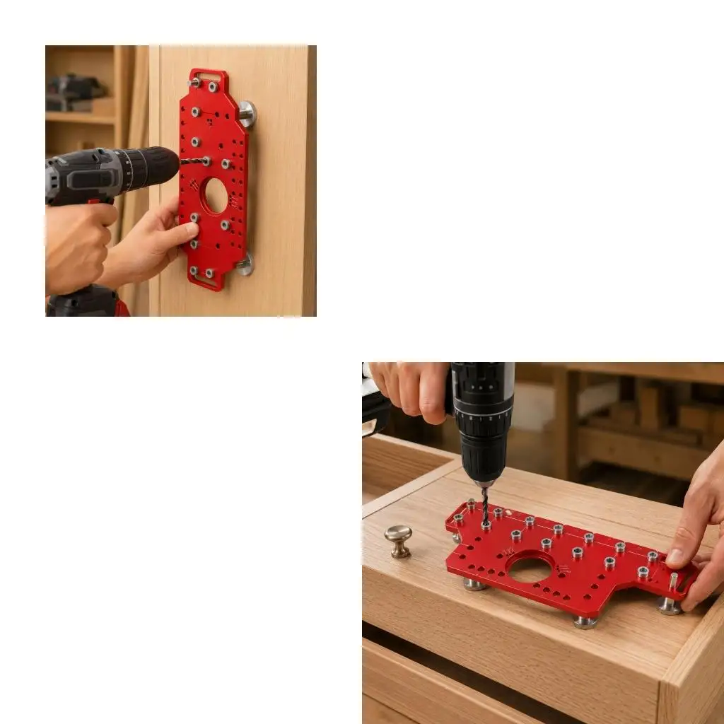 Woodworking Drilling Guide for Cabinet Hardware Layout, Aluminum Plate Position Tool with Guide Bushings for Shelf Pin