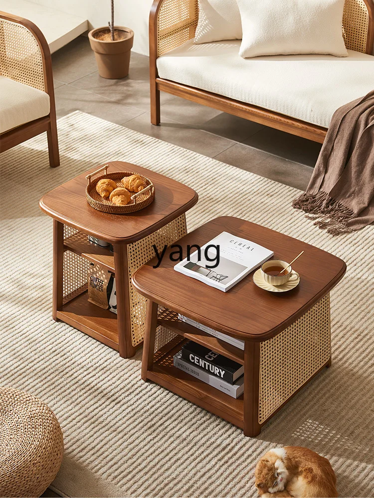 Yhl High and Low Combination Vintage Solid Wood Rattan Square Side Table