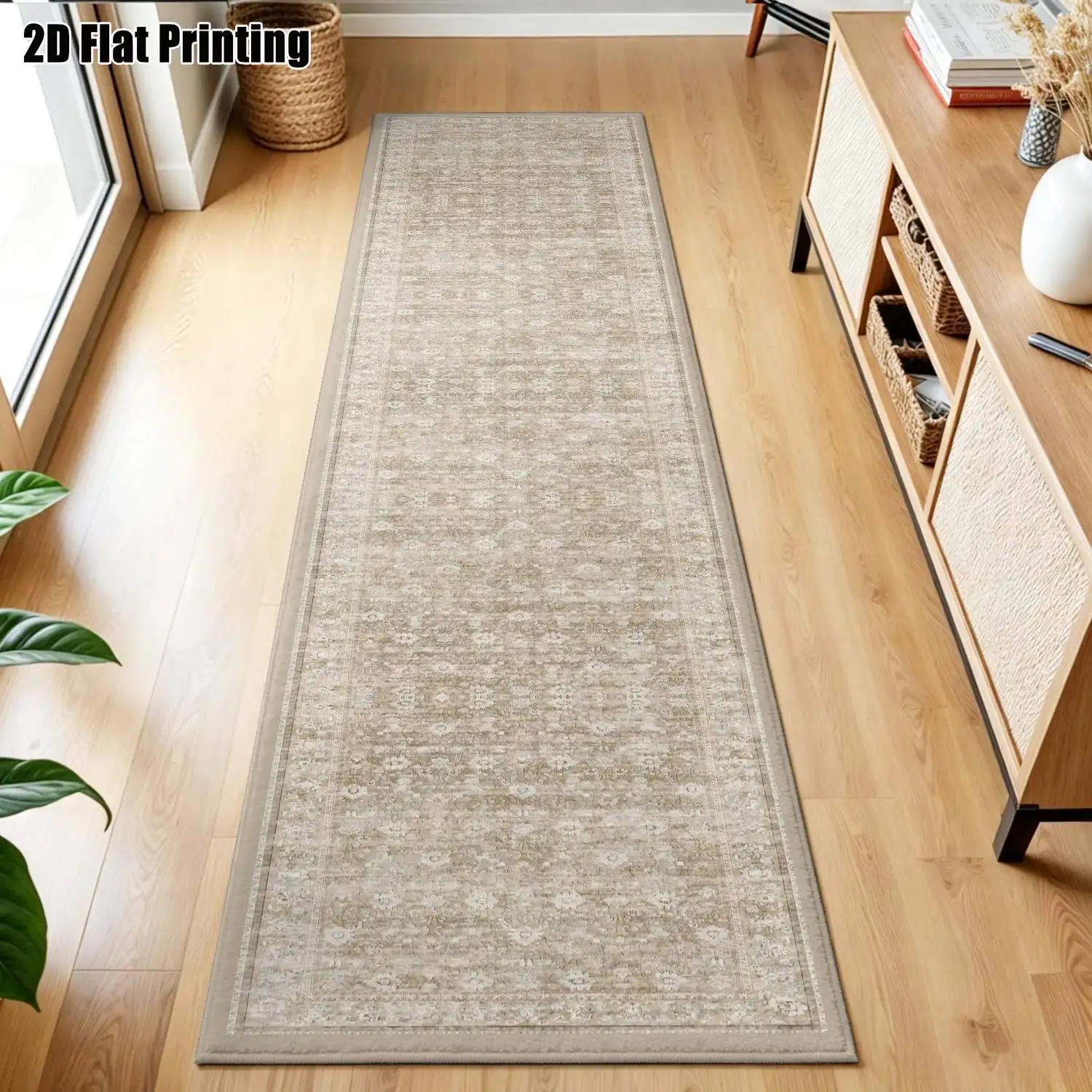 1Pc 2D Printed Long Strip Rug: Beige & White Retro Geometric Patterns, Nordic/Modern Minimalist/European/Bohemian Style, Machine Washable, Multi-Size, Home Decor for Corridor, Entrance, Living Room, Bedroom