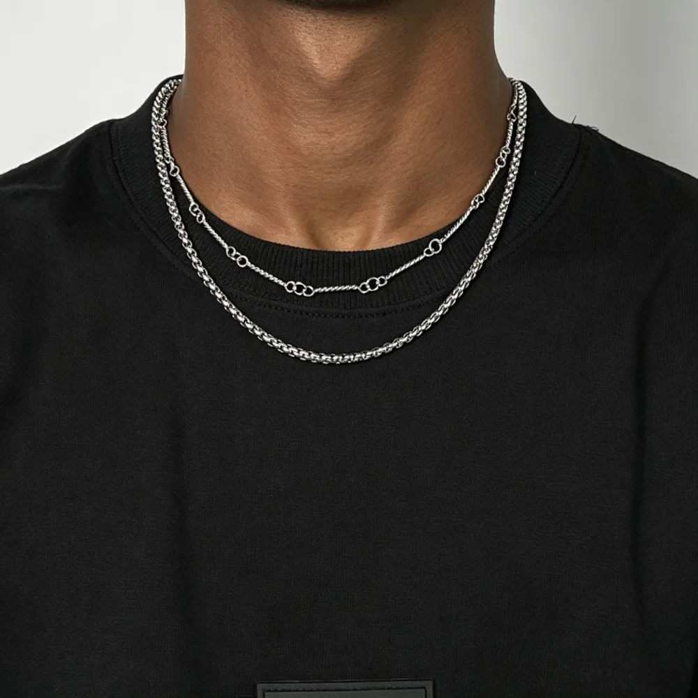 Hip-Hop-Herren-Doppelkreis-Kettenhalskette, Retro-Silberfarben, Edelstahl-Halskette, Modeschmuck, Trendige Pulloverkette – Detail 1