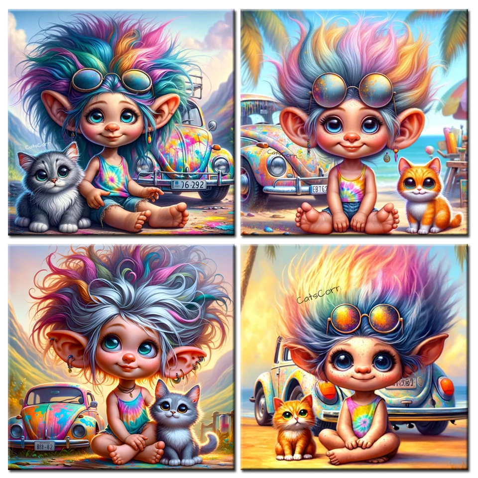 Hippie Cool Boy And Cat Travel DIY Diamond Painting Cartoon New 2024 Full Diamond Embroidery Handmade Mosaic For Home Decor