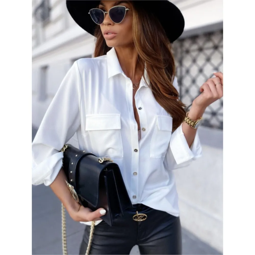 

Elegant Office Lady Lapel Pocket Blouses Top 2025 New Solid Color Single Breasted Long Sleeve Shirt Spring Streetwear Tops Blusa