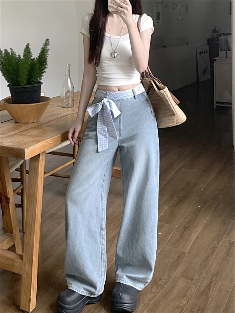 

Women's Blue Checkered Stitching Straight Wide Leg Jeans Personalized Trousers Cool Girl Casual Bottoms Female Street Denim Pant