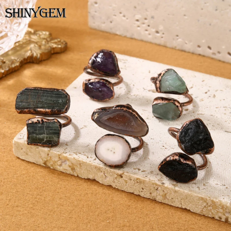 

SHINYGEM Natural Amethyst Green Tourmaline Black Meteorite And Other Amorphous Bronze Adjustable Jewelry Fashion Ring Gift