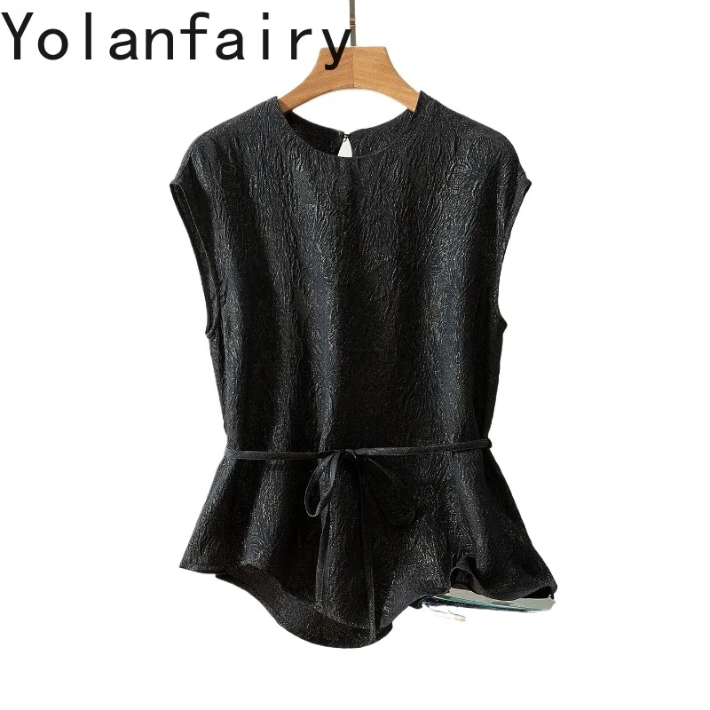 

YOLANFAIRY High-end 100% Real Mulberry Silk Shirt for Women 2026 Summer Fashion Lace-up O-neck Tops Elegant Shirts and Blouses