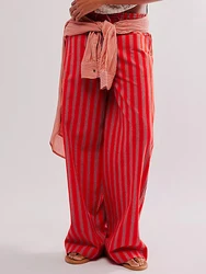 New Fashion Women Baggy Pants Drawstring Waist Wide Leg Striped Pants Multiple Pockets Trousers Skin Friendly Hot Sale S M L