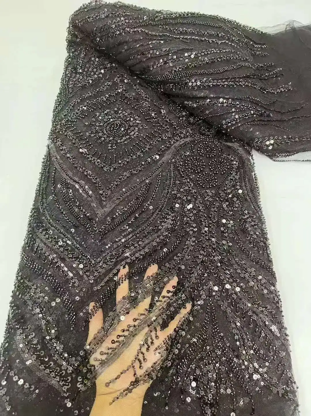 

Nigerian Heavy Handmade Beads Tulle Lace Fabric 2025 African Luxury Sequins Lace Fabric For Women Evening Cloth Dresses