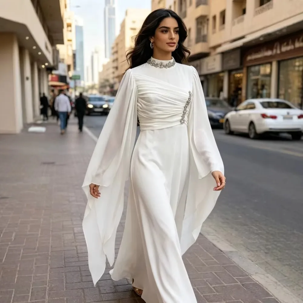 New Rhinestone Chiffon Maxi Gown Women Long Sleeve V Neck Flowy Elegant Formal Evening Party Dress