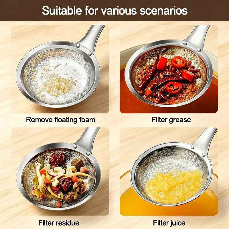 316 Stainless Steel Oil Skimmer Spoon Fine Mesh Food Grade Grease Foam Dregs Remover for Frying Stewing Use