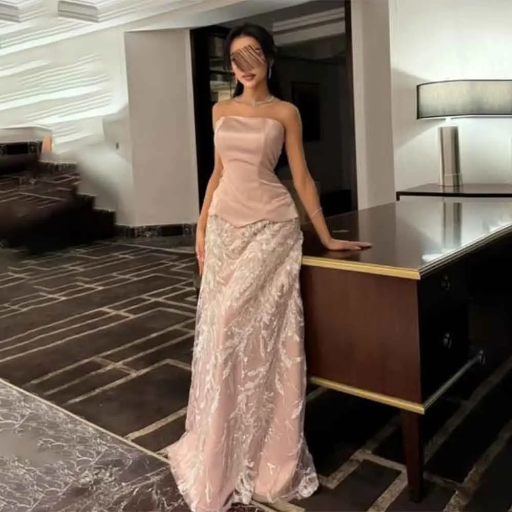 

High Quality Customized Floor Length Appliques Strapless Sleeveless A-line Stain Robe Pour Mariage Invité Платье Корейский Стиль