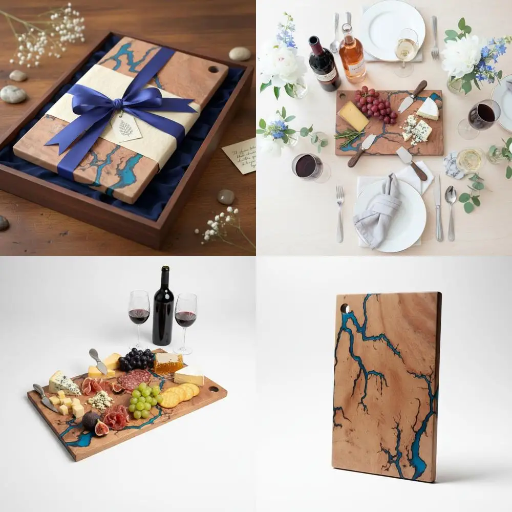 

Большая доска для мясных изделий из дерева акации 16,5x10,5 — ручная работа с фрактальной эпоксидной смолой, идеально подходит для вечеринок и подарков