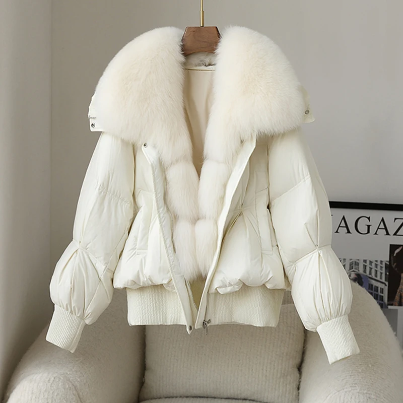 New Short Fox Fur Grass Coat 2023 Winter Women's 90%White Goose Down Jacket Fashion Female Warm Thicken Bread Parkas Outwear