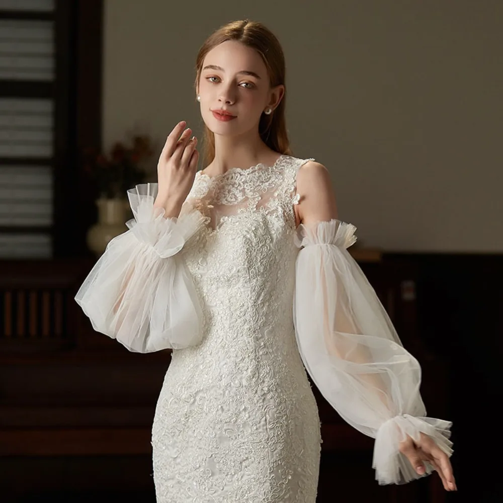 

Korean Style Bridal Arm Sleeves Solid Color Breathable Wedding Long Sleeves Gauze Lightweight Pleated Lace Arm Covers