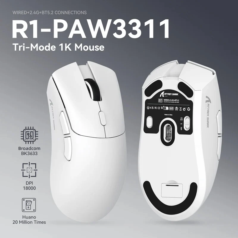 Attack Shark R1 Wireless gamer mouse,PAW3311 1KHZ 18000dpi,Bluetooth Mouse, Macro Gaming Mouse,mouse pad/pc