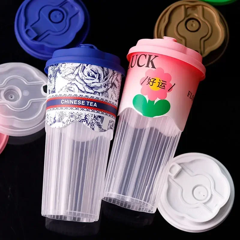 

20 Sets 90 Caliber Lemon Tea Injection Molded Cups Black Green Blue Striped Milk Tea Cup Film Coated Plastic Cups with Lid