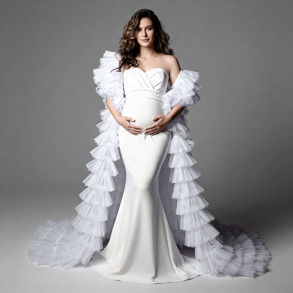 Maternity Dress Photoshoot Elegant Sweetheart Maternity Dress with Tiered Ruffled Tulle Shawl Baby Shower Dress Woman YW64242D