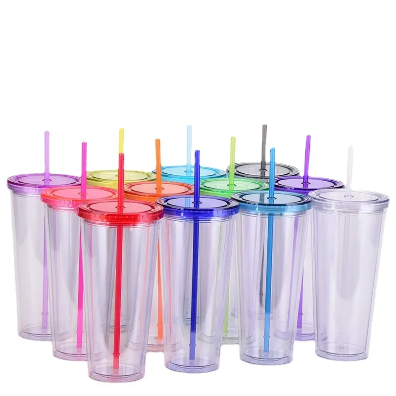 32oz Acrylic Tumblers with Lid and Straws Double Walled Insulate Clear Plastic Straw Cups Reusable Travel Ice Coffee Mugs