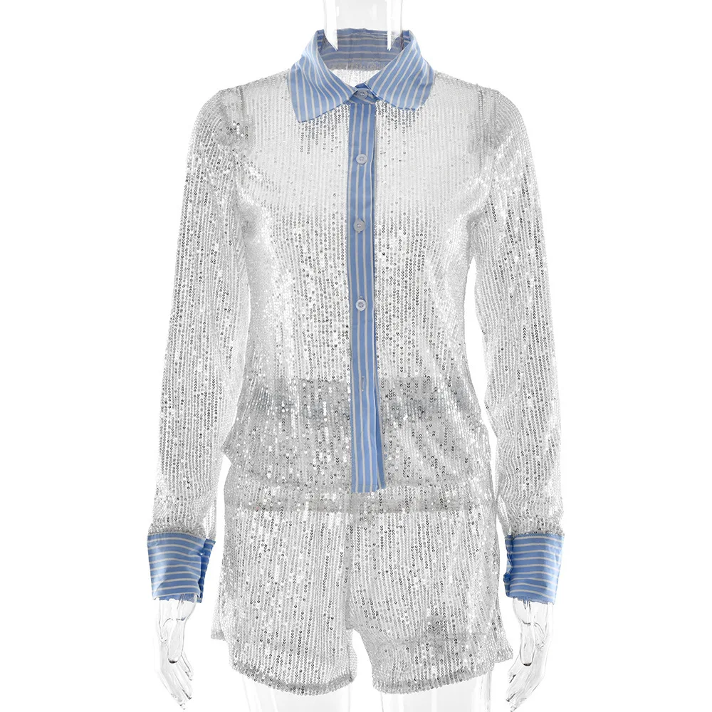 2025 ฤดูร้อนชุดลําลองเลื่อมคอวียาวเสื้อกางเกงขาสั้นแฟชั่นผู้หญิงสองชิ้น