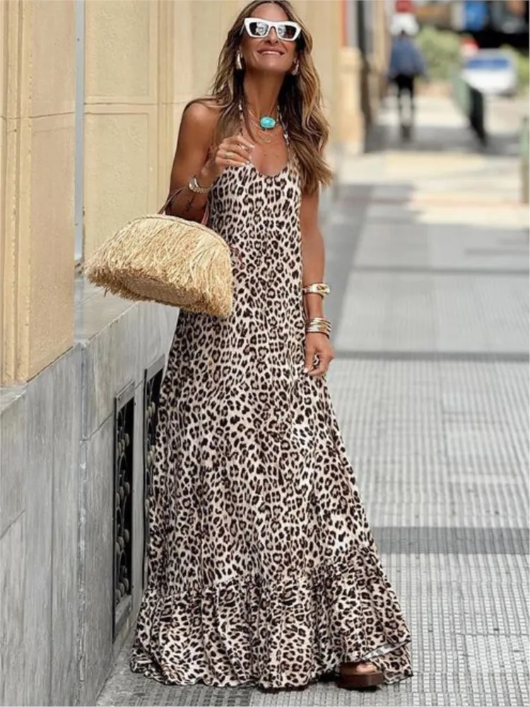 Leopard Print Halter Neck Leace-up Sexy Long Dresses For Women V-neck Backless Fashion Maxi Dress Femme Vacation Streetwear Robe