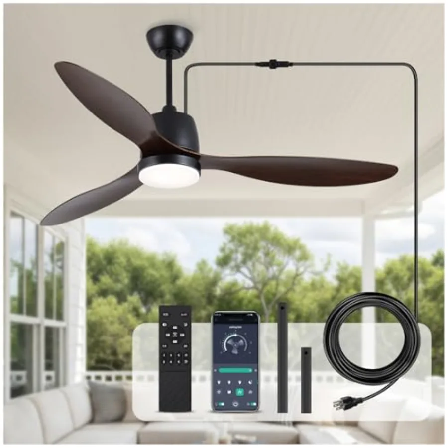 

52" CeilingFan with Light: Plugin Waterproof Hanging Fans, App/Remote Control, Reversible 6-Speed Quiet DC Motor, 3CCT, for Pat